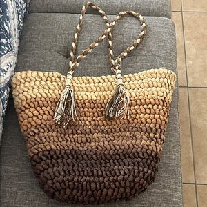 Handcrafted Ombre Brown Straw Tote Bag